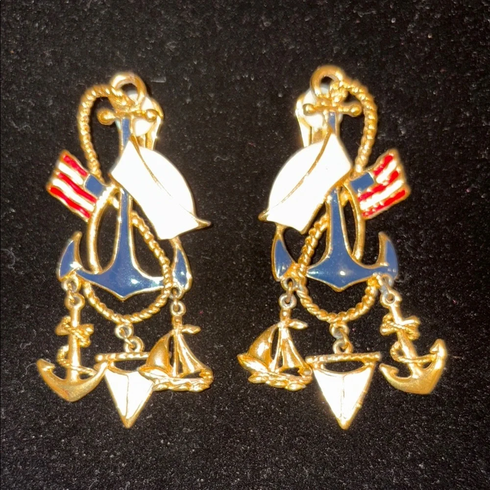 Nautical Gold and Blue Earrings - Picture 2 of 5
